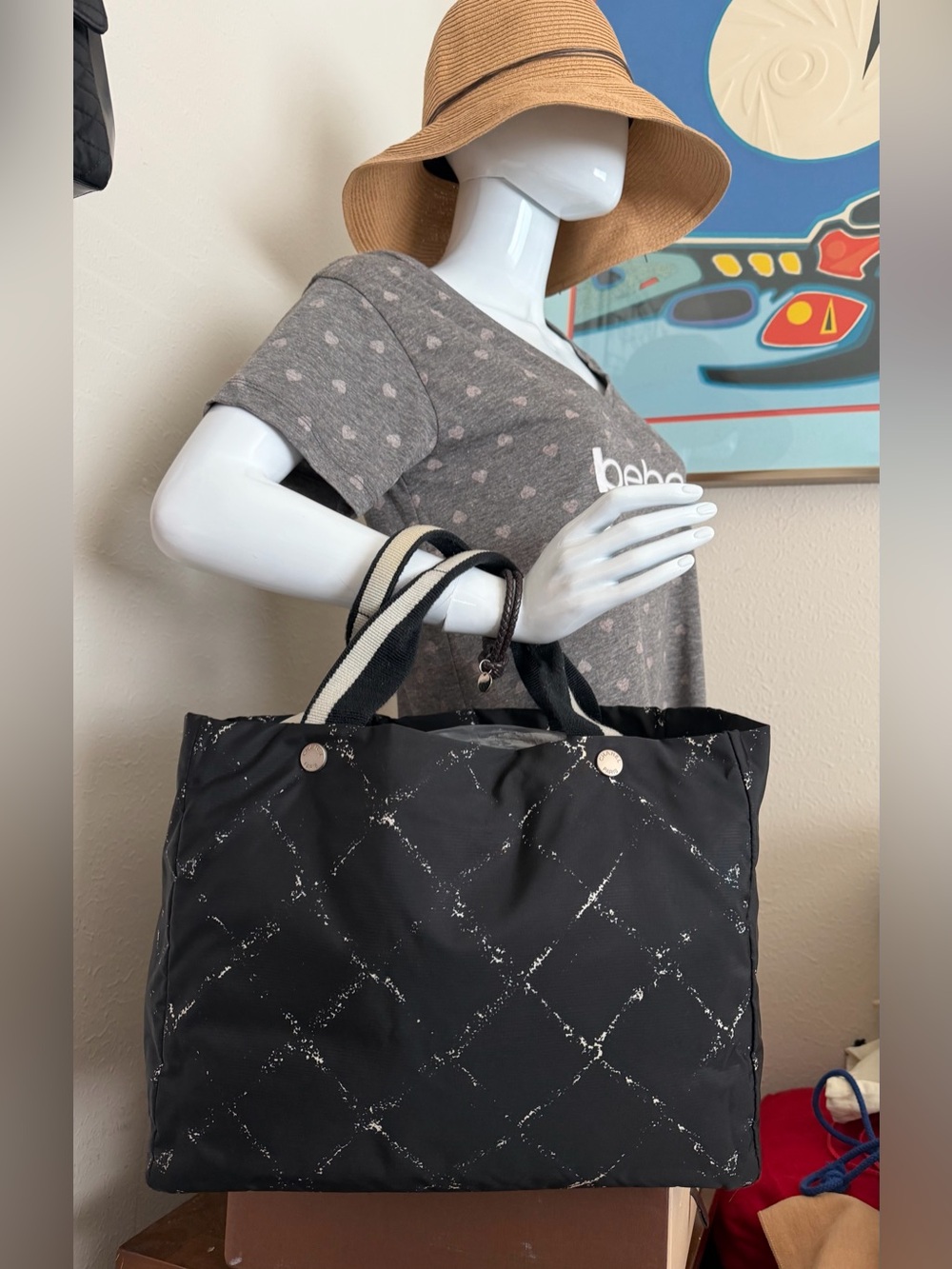 Black Quilted Tote Bag with Striped Handles